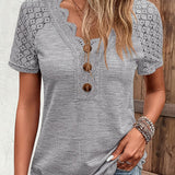 Romildi Contrast Lace Ribbed V Neck T-Shirt, Casual Button Front Short Sleeve Top For Spring & Summer, Women's Clothing