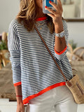 Romildi Women's Sweater Contrast Striped Crew Neck Side Stripe Pullovers