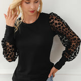 Romildi Leopard Illusion Sleeve Top, Casual Crew Neck Slim Top, Women's Clothing