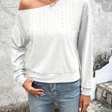 Romildi Solid Eyelet Cold Shoulder T-Shirt, Casual Long Sleeve Top For Spring & Fall, Women's Clothing