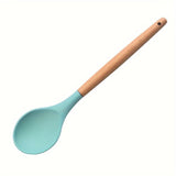 1pc Silicone Spoon with Wooden Handle - Durable, Non-Stick, Heat Resistant, for Cooking & Serving, Ideal for Soup, Salad Mixing, Kitchen Use