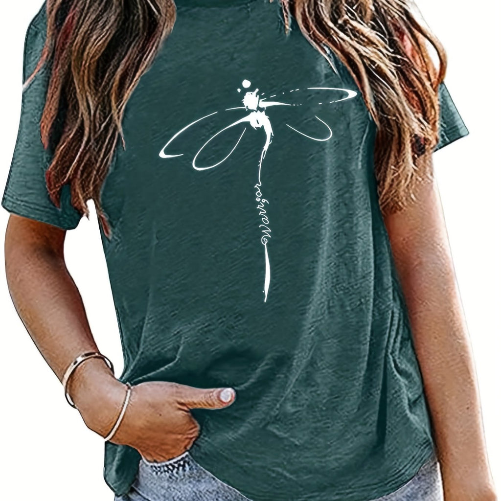 Romildi Dragonfly Print Crew Neck T-Shirt, Casual Short Sleeve T-Shirt For Spring & Summer, Women's Clothing