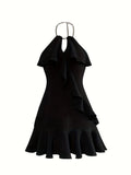 romildi Ruffle Halter Ruffle Dress, Solid Sleeveless Backless Dress For Summer, Women's Clothing