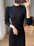Romildi Solid Pleated Midi Dress, Elegant Mock Neck Long Sleeve Dress, Women's Clothing