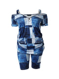 Romildi Plus Size Casual Outfits Set, Women's Plus Patchwork Denim Print Half Zipper Cold Shoulder Top & Shorts Outfits Two Piece Set