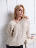 Romildi Solid Side Cold Shoulder Sweater, Casual Cable Knit Pullover Knitted Top For Fall & Winter, Women's Clothing