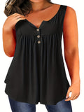 Romildi Plus Size Basic Tank Top, Women's Plus Plain Ruched V Neck Slight Stretch Henley Tank Top