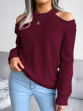 Romildi Solid Color Crew Neck Cold Shoulder Knitted Tops, Casual Everyday Pullover Sweaters, Women's Clothing