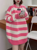 Romildi Striped Crew Neck Pullover Sweater, Elegant Long Sleeve Loose Sweater, Women's Clothing