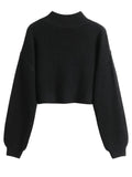 Romildi Solid Crew Neck Pullover Sweater, Casual Long Sleeve Drop Shoulder Crop Sweater, Women's Clothing