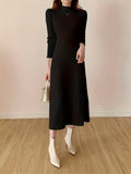 Romildi Mock Neck Ribbed Dress, Casual Solid Long Sleeve Midi Dress, Women's Clothing
