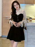 Romildi Ruffle Trim Splicing Dress, Elegant Turn Down Collar Long Sleeve Sweetheart Neck Dress, Women's Clothing