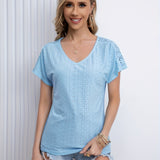 Romildi V Neck Eyelet T-Shirt, Solid Short Sleeve Casual Top For Summer & Spring, Women's Clothing