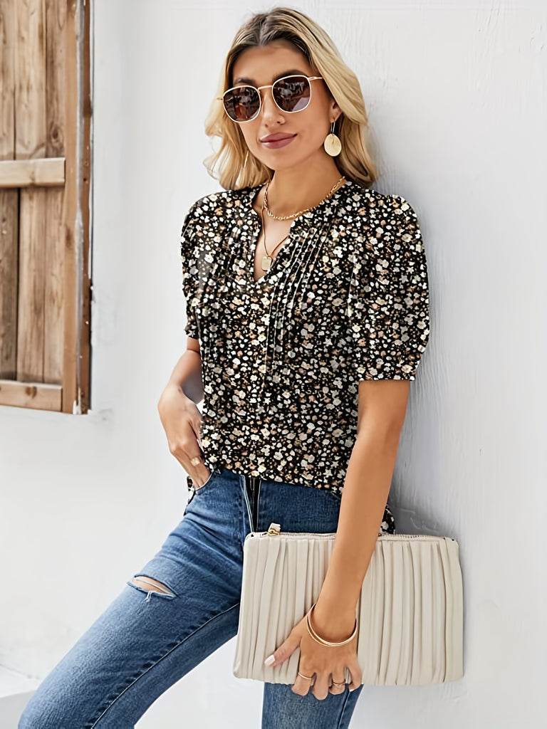 Romildi Ditsy Floral Print Blouse, Casual V Neck Short Sleeve Ruched Blouse, Women's Clothing