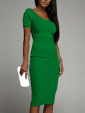 Romildi Solid Ribbed Dress, Elegant V Neck Short Sleeve Slim Dress, Women's Clothing