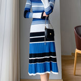 Romildi Striped Print Long Sleeve Knit Dress, Elegant Crew Neck A-line Dress, Women's Clothing