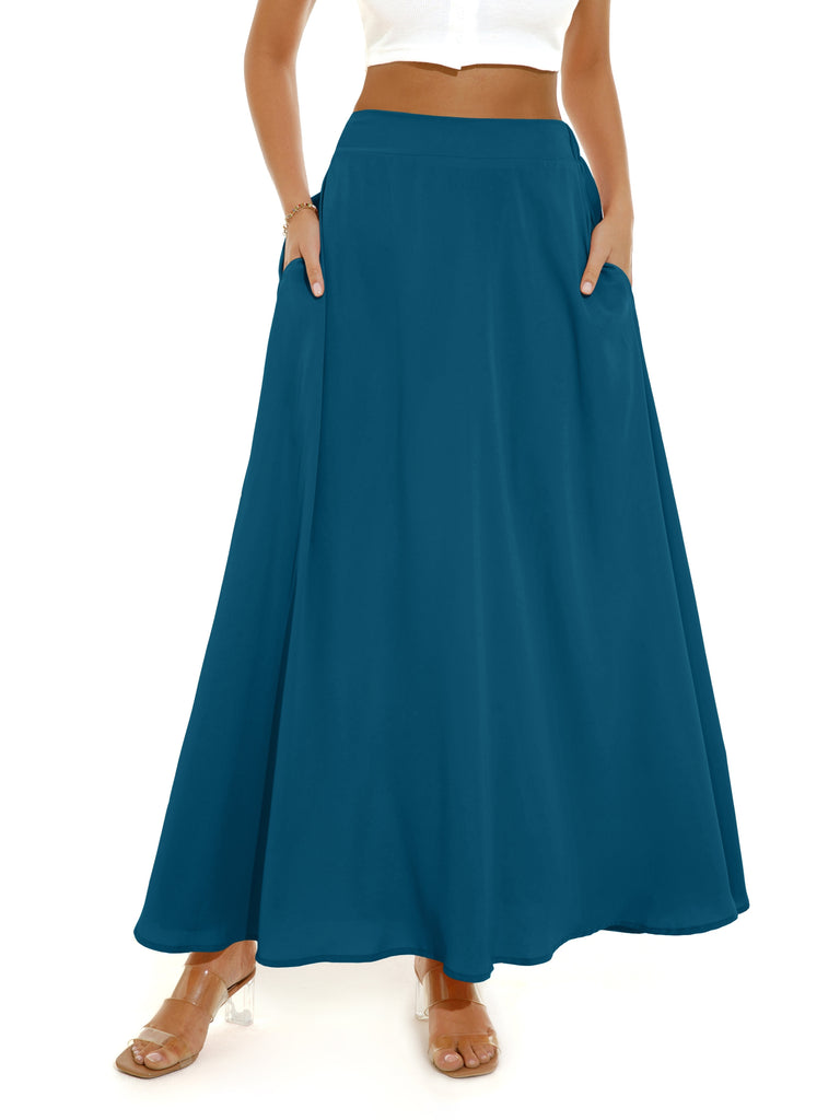 Romildi Romildi Pleated Long Skirt, Loose Solid Casual Skirt For Spring & Summer, Women's Clothing