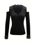 Romildi Beaded Cold Shoulder T-Shirt, Casual V-Neck Long Sleeve T-Shirt, Casual Every Day Tops, Women's Clothing