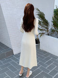 Romildi Ribbed Button Front Dress, Elegant Solid Long Sleeve Midi Dress, Women's Clothing
