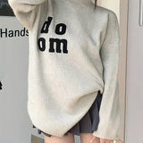 Romildi Letter Pattern Mock Neck Pullover Sweater, Versatile Long Sleeve Loose Sweater For Fall & Winter, Women's Clothing