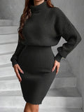 Romildi Turtleneck Sweater Dress, Casual Solid Long Sleeve Bodycon Dress, Women's Clothing