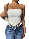 romildi Contrast Tim Hanky Hem Tube Top, Vintage Tie Back Tassel Decor Tube Summer Top, Women's Clothing