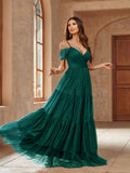 Mesh Cold Shoulder Dress, Elegant Layered Evening Dress For Party & Banquet, Women's Clothing