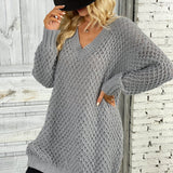 Romildi Solid Simple Knit Sweater, Casual V Neck Long Sleeve Solid Sweater, Women's Clothing