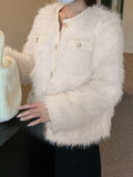 Romildi Faux Fur Button Front Coat, Chic Thermal Long Sleeve Coat For Fall & Winter, Women's Clothing