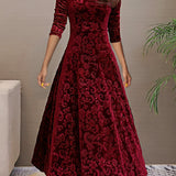 Romildi Solid Color Long Sleeve Dress, Elegant V Neck Flared Dress For Spring & Fall, Women's Clothing