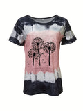 Romildi Dandelion Print Tie Dye Crew Neck T-Shirt, Casual Short Sleeve Top For Spring & Summer, Women's Clothing