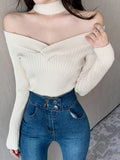 Romildi Cold Shoulder Choker Neck Sweater, Chic Long Sleeve Sweater For Fall & Winter, Women's Clothing