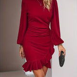 Romildi Solid Crew Neck Dress, Elegant Long Sleeve Ruffle Hem Dress, Women's Clothing