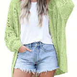 Romildi Romildi Boho Crochet Knit Cardigan, Vacation Beach Wear Solid Draped Mid Length Summer Sweater, Women's Clothing