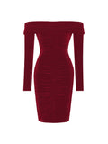 Romildi Off Shoulder Ruched Dress, Long Sleeve Bodycon Stretchy Dress For Party, Women's Clothing