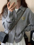 Romildi Badge Pattern Button Up Knit Cardigan, Casual Turndown Collar Long Sleeve Sweater, Women's Clothing