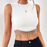 Fringe Hem Crop Tank Top, Sexy Sleeveless Tank Top For Summer, Women's Clothing