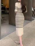 Romildi Striped Print Knitted Slim Dress, Elegant Long Sleeve Dress, Women's Clothing