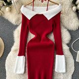 Romildi Contrast Trim Halter Neck Dress, Elegant Sweater Bodycon Dress For Spring & Fall, Women's Clothing