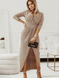 Romildi Sexy V-neck Slit Waist Dress, Casual Solid Asymmetrical Long Sleeve Long Dresses, Women's Clothing