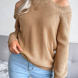 Romildi Solid Color Crew Neck Cold Shoulder Knitted Tops, Casual Everyday Pullover Sweaters, Women's Clothing