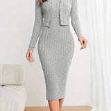 Romildi Solid Ribbed Two-piece Set, Button Front Long Sleeve Cardigan & Sleeveless Bodycon Dress Outfits, Women's Clothing
