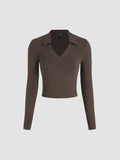 Romildi Solid Polo Neck Long Sleeve Skinny Shirt, Mature Stylish Short Length Spring & Fall Shirt, Women's Clothing