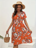 Romildi Floral Print Surplice Neck Dress, Boho Short Sleeve Shirred Waist Dress, Women's Clothing