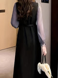 Romildi Color Block Lettuce Trim Dress, Elegant Long Sleeve Midi Dress, Women's Clothing