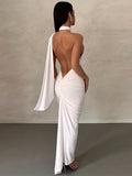 Romildi Solid Halter Neck Dress, Sexy Backless Bodycon Ruched Sleeveless Dress, Women's Clothing