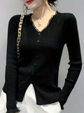 Romildi Lace V Neck Button Front Knit Cardigan, Elegant Long Sleeve Slim Sweater, Women's Clothing