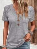 Romildi Contrast Lace Ribbed V Neck T-Shirt, Casual Button Front Short Sleeve Top For Spring & Summer, Women's Clothing