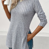 Romildi Ribbed Side Split Crew Neck T-Shirt, Casual Long Sleeve Top For Spring & Fall, Women's Clothing