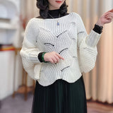 Romildi Elegant Hollow Out Knitted Shawl Stylish Solid Color Pullover Coat Autumn Winter Warm Versatile Bat Sleeves Cloak